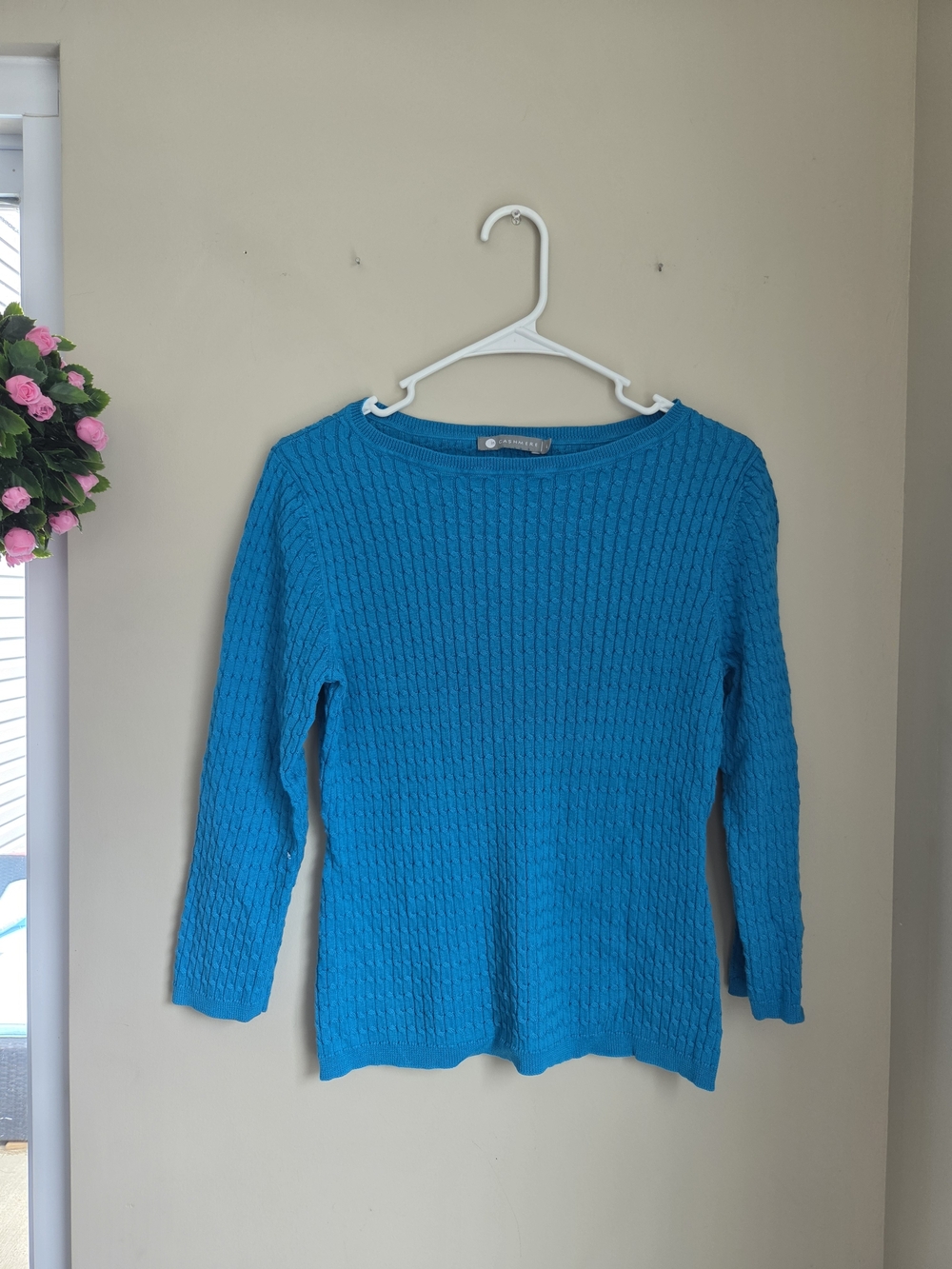 Bright Blue Women's Cable Knit Sweater Silk In Cashmere Large But Small